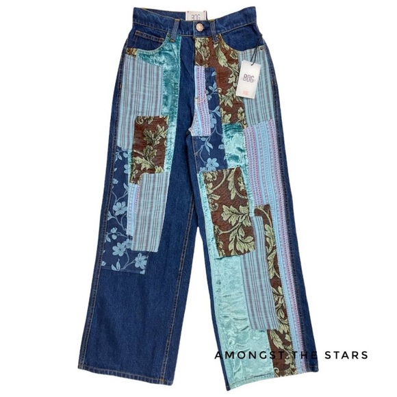 BDG Patchwork Velvet Jacquard High Waisted Wide Leg Blue Jeans - Picture 4 of 7